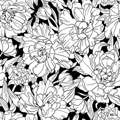 Graphic black and white tulips seamless pattern. Raster floral background.