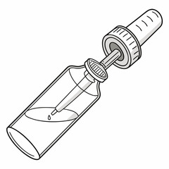 Close up of a glass dropper bottle with liquid and a single drop falling from the pipette tip