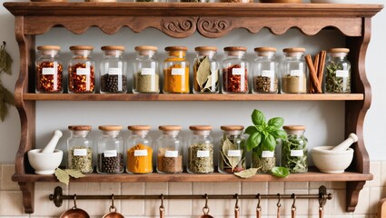 Organized Spice Rack Showcasing Various Herbs and Spices in Labeled Jars With Wooden Shelving