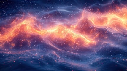 Vibrant cosmic waves of orange and blue light, creatng a mesmerizing abstract ackground perfect for sci-i themes and digital desigs.