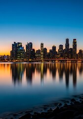 City Skyline Reflecting in Calm Water at Dusk.