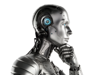 Cybernetic robot with glowing blue eye thinking