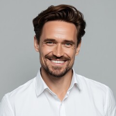 Obraz premium In a well-designed studio, a professional man with a confident smile poses for a portrait