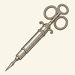 Vintage medical syringe with ornate finger grips and sharp needle in a detailed line drawing style