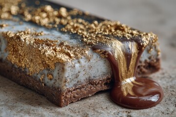 Elegant gourmet dessert with gold leaf, chocolate glaze, and caramel, ideal for luxury dining, restaurant menus, and upscale culinary branding