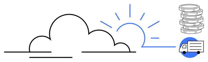 Cloud, sun, coins, delivery truck convey storage, sustainability, progress, business, innovation technology. Ideal for logistics financial growth digital transformation efficiency renewable