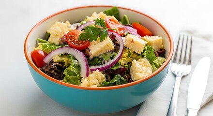 Colorful Salad Bowl with Cheese, Tomatoes, and Red Onion.