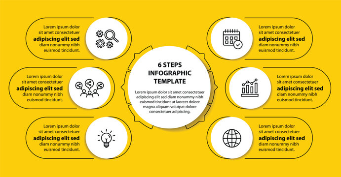 6 steps infographic template with 6 options. Flowchart that can be used for business report, data visualization and presentation. Timeline infographic elements vector illustration.