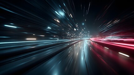 Obraz premium High-speed journey through a futuristic data tunnel shows glowing blue and magenta streaks of light and digital information creating extreme velocity.