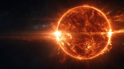 Obraz premium A hyper-realistic cinematic shot of the sun blazing with fiery plasma arcs, glowing intensely in high-definition movie style against the dark void of space