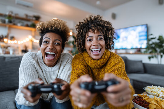 Two friends sharing couch co-op on big TV, joyful expressions, snacks on table, cozy living room, controller in hands, authentic candid shot