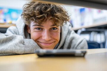 Student sitting in classroom, secretly playing mobile puzzle game under desk, cheeky smile, slice-of-life realism