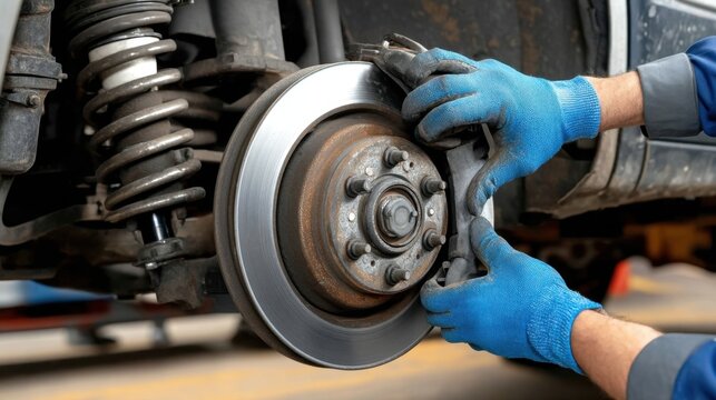 Close-Up of a Mechanic Changing Brake Pads in a Car Workshop with Tools and Equipment