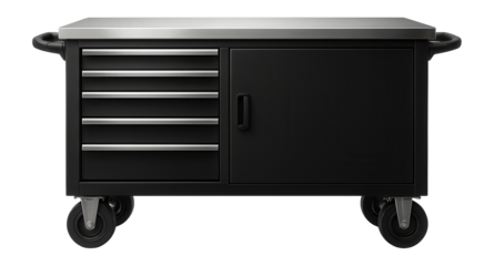 Wide rolling tool cart with a flat top for use as a mobile workbench in a woodworking studio.