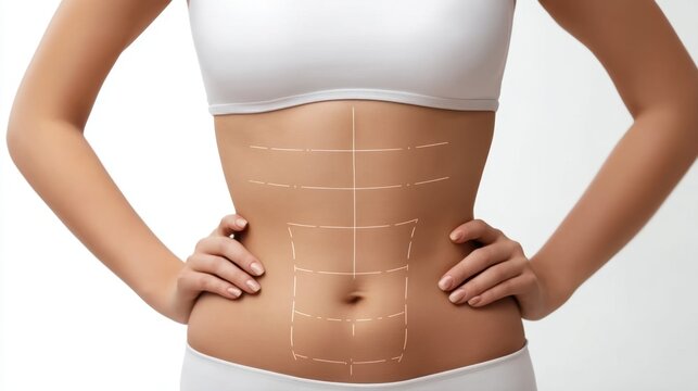 Female torso with measurement lines over abdomen for fitness and health assessment in a clinical and educational context