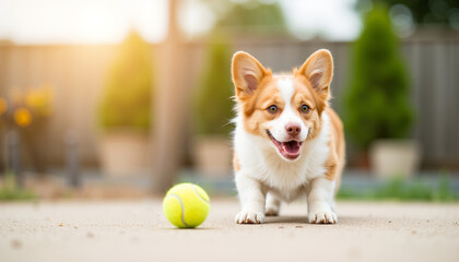 royal corgi, dog staring at tennis ball