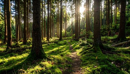 Fototapeta premium Sunlight streams through a lush forest