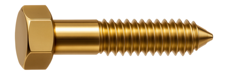 Brass hex head screw for assembling decorative metal fixtures.