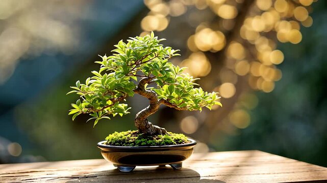 Miniature bonsai tree in ceramic pot placed on wooden table with natural sunlight and soft blurred background