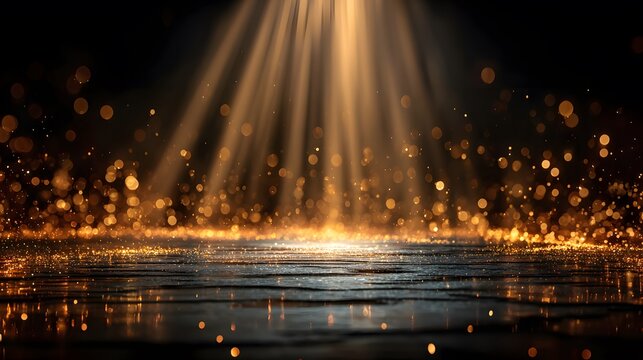 Luxurious, empty awards stage with a polished, reflective floor is illuminated by brilliant golden light beams and a cascade of sparkling bokeh.