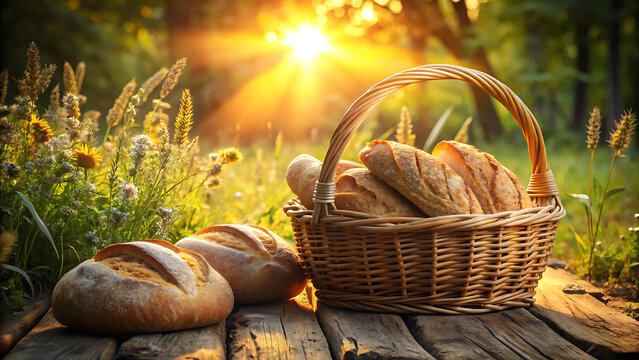 Rustic glowing bread basket in morning light homemade bakery style 