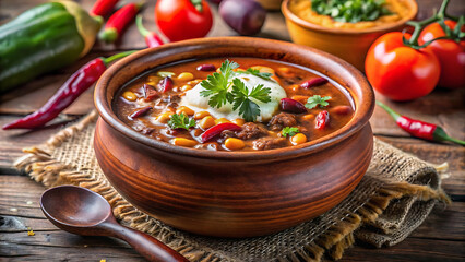 Rustic glowing chili soup in clay pot traditional homemade recipe 