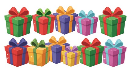 Colorful Cartoon Gift Boxes Arranged in a Row with Festive Bows and Ribbons for Celebrations and Holidays