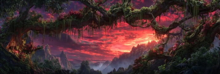 Fototapeta premium Breathtaking Sunset Over Majestic Mountain Landscape with Colorful Clouds and Lush Greenery in Fantasy Realm