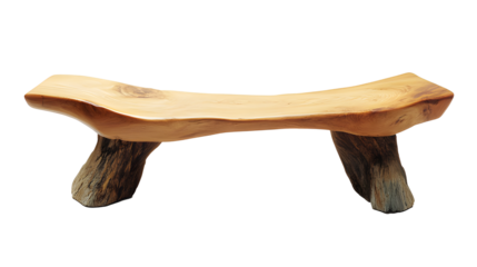 A unique handcrafted wooden bench with a natural finish with isolated on a transparent  background