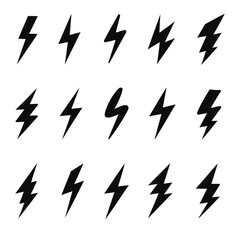 Black lightning bolt icons set, thunder energy and electric power symbol vector