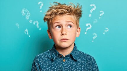 A young boy with tousled blonde hair appears puzzled, glancing upward with a thoughtful expression. Question marks surround him in a vibrant turquoise setting, emphasizing curiosity.