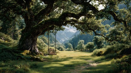 Magnificent, ancient oak tree with a wide canopy and a nostalgic swing stands alone in a sun-drenched green meadow, its leaves brightly lit.