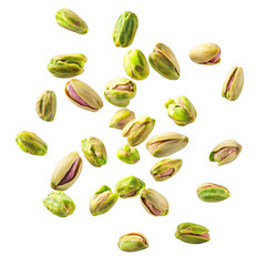 Many pistachios falling against a black background a delicious snack