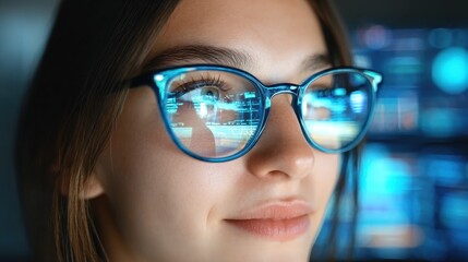 Close-Up of Young Woman in Stylish Blue Glasses with Digital Data Reflections in Lively Tech Environment