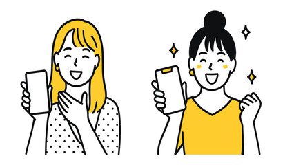 Happy young women showing smartphone screen, mobile phone success illustration vector