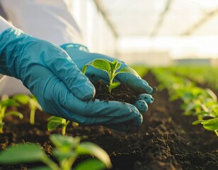 Scientist tending young plant in greenhouse