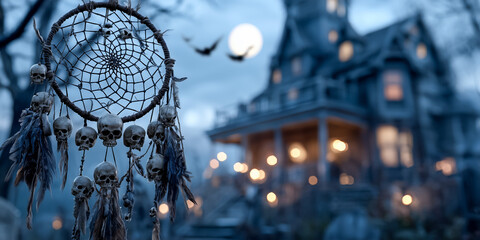 Spooky dreamcatcher with skulls in eerie night setting