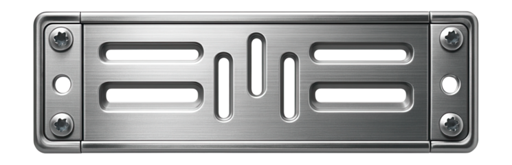 Adjustable metal hanging plate with multiple slots for securing kitchen cabinets.