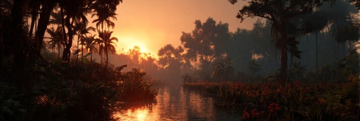 Tranquil Sunset Over Serene River in Lush Tropical Landscape with Silhouetted Trees and Vibrant Skies