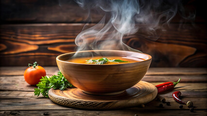 Rustic glowing soup bowl with steam comfort food rustic dining 