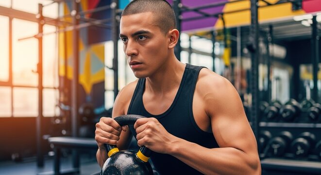 Focused Man Doing Kettlebell Goblet Squat in Vibrant Gym for Strength Campaign