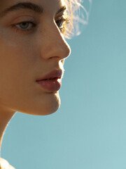 Close-up portrait of a young woman with natural makeup against a bright blue background.