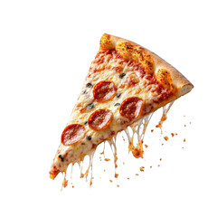 Delicious pepperoni pizza slice with melted cheese dripping isolated on black background