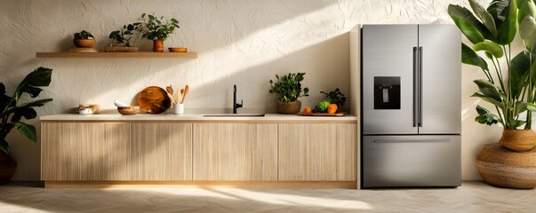 Fototapeta premium Compact kitchen sustainable design with bamboo cabinets and energy efficient appliances, wide angle shot highlighting eco friendly layout.