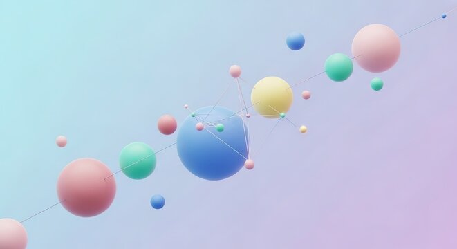 Pastel Spheres Connected by Lines in a Geometric Arrangement Aga