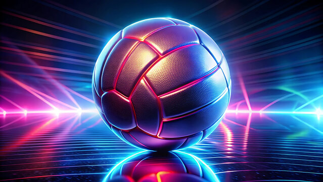 Shiny volleyball glowing with bright neon digital reflections