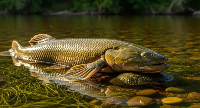 A freshwater lungfish rests in shallow, clear water, with sunlight filtering through the river, highlighting its unique scales.