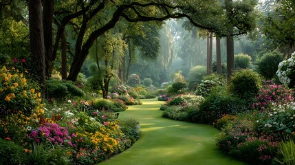 Pristine emerald lawn sits within a magnificent English garden, bordered by vibrant flowers under soft, golden morning light filtering through trees.