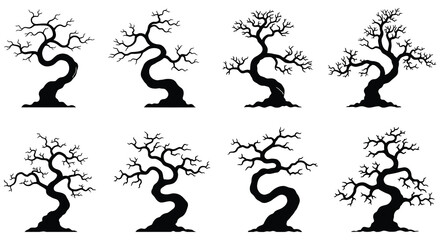 Collection of bare tree silhouettes with twisted trunks and branches