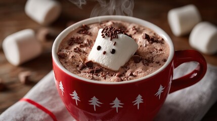 A red mug filled with rich hot chocolate sits on a wooden table. A playful marshmallow with chocolate sprinkles floats on top, steam rising into the winter air.